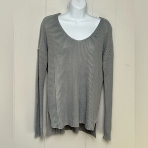 Olive & Oak Womens Cotton Blend V Neck Grey Ribbed Sweater Metal Grommets Size L